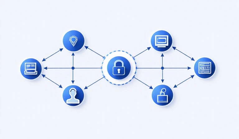 Icone interconnesse che rappresentano la condivisione sicura di dati tra entità, con un focus sulla protezione della privacy