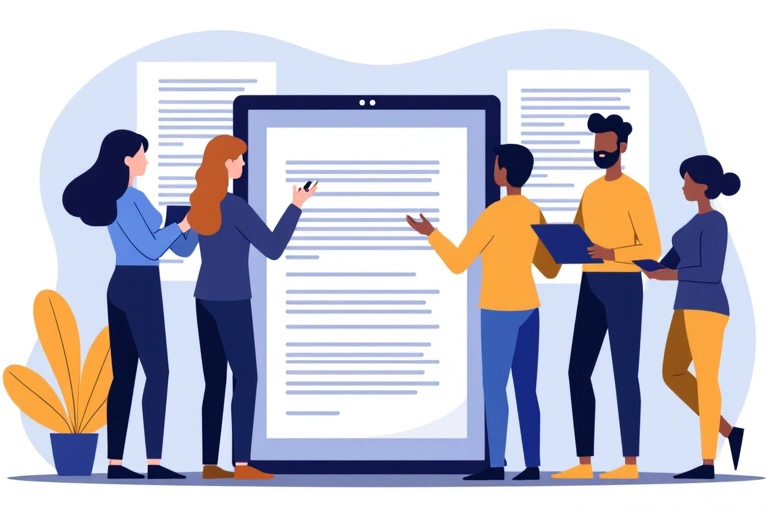 Persone che leggono un documento legale su un tablet, simbolo di accordi e termini di servizio.